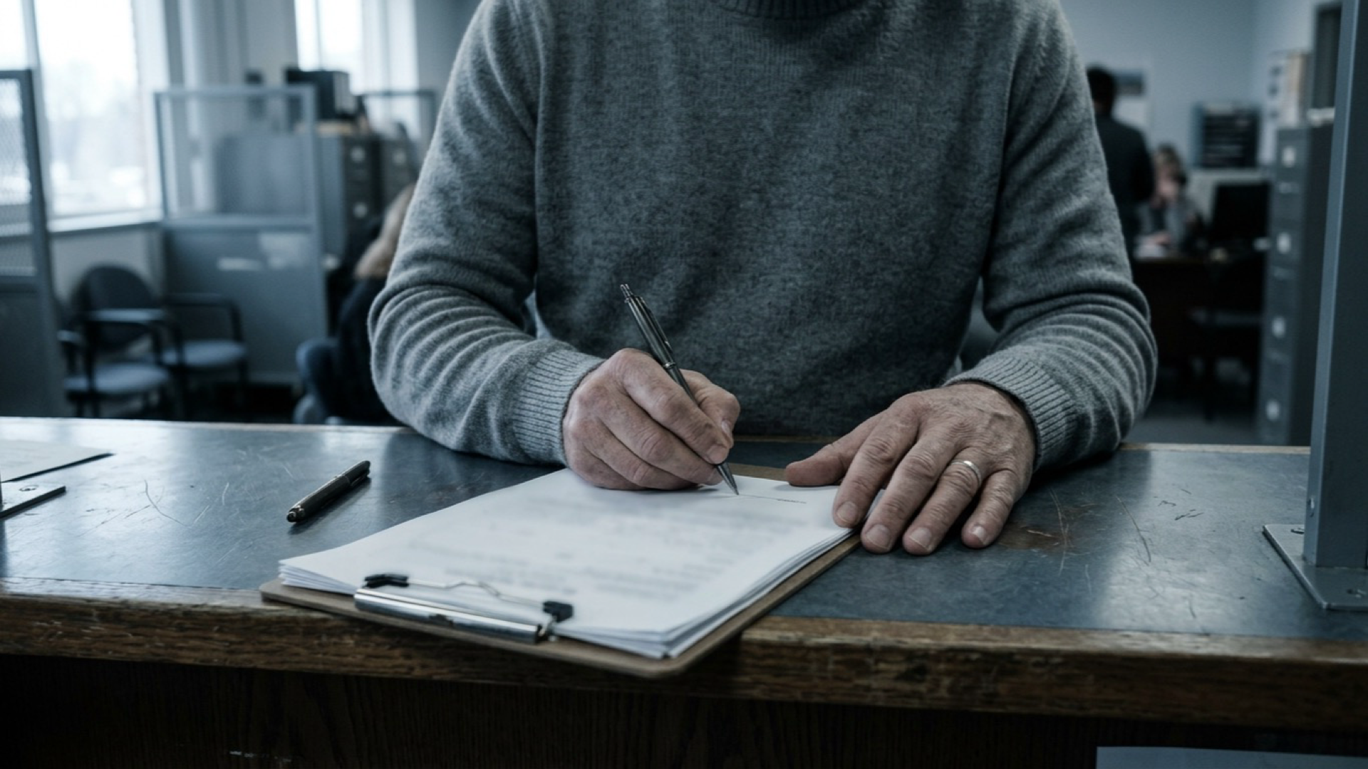 Person signing paperwork at a probation office check-in counter in Forsyth County, Georgia