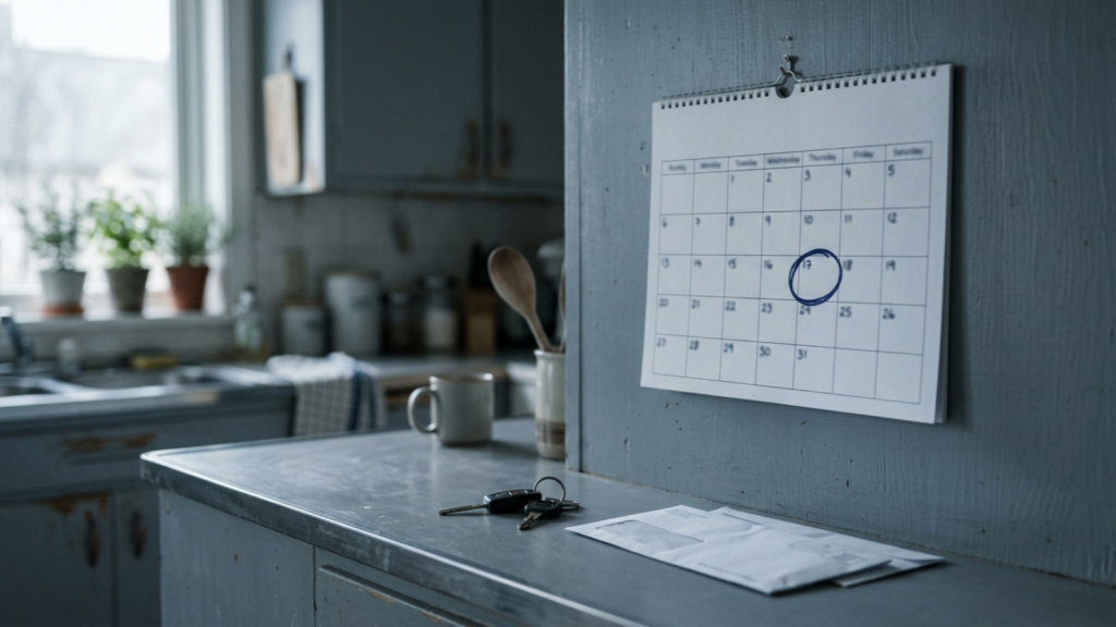 Wall calendar with a circled date beside car keys and an official envelope, representing a probation reporting deadline in Georgia